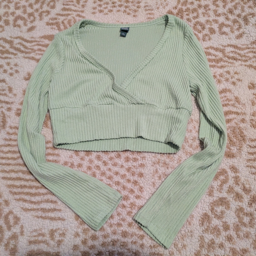 Wild Fable Ribbed Long Sleeve Wrap Crop Top – Sage Green